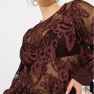 Torrid Sassafras color-Mesh With Embroidery Long Sleeve Blouse NWOT
